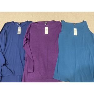 NWT Lot of 3 Eileen Fisher Size XL Stretch Tops Sweater Purple Blue Wool Tencel